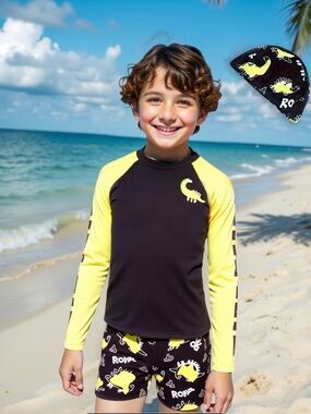 Kids Long Sleeve Swim Top and Trunks - Black and Green